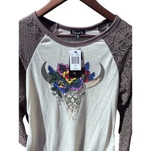 Chances R Floral Bull Skull Lace Raglan Top Women Medium Ivory Mocha NEW 23497H